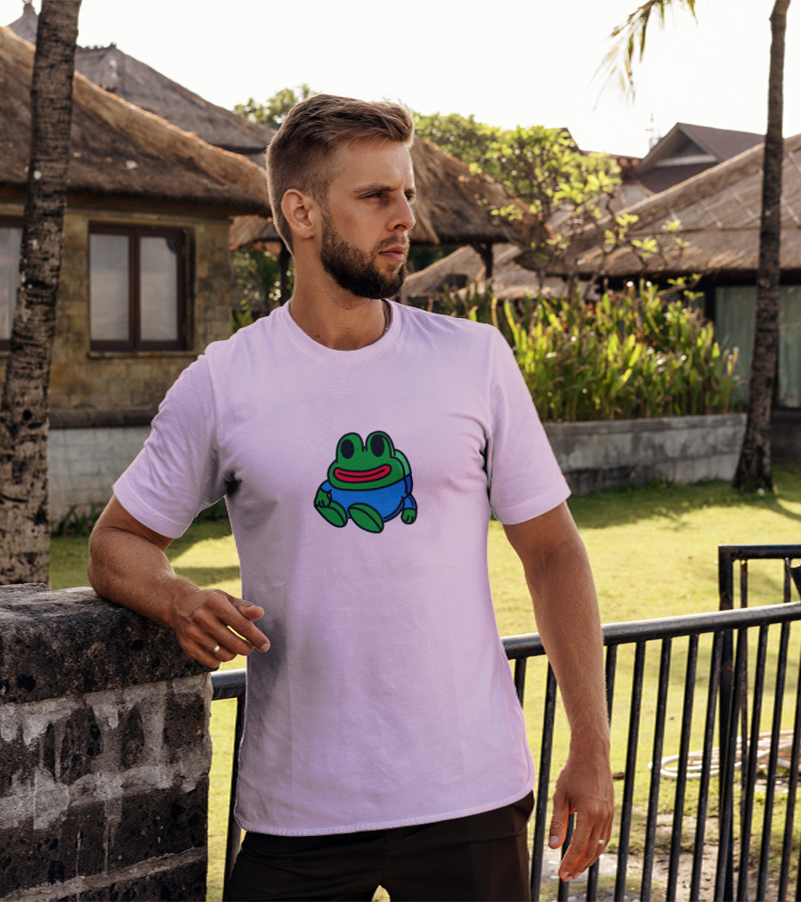 Mizkif Sat REALMizkif Pepe Frog Sitting Cartoon Pink Background T-Shirt