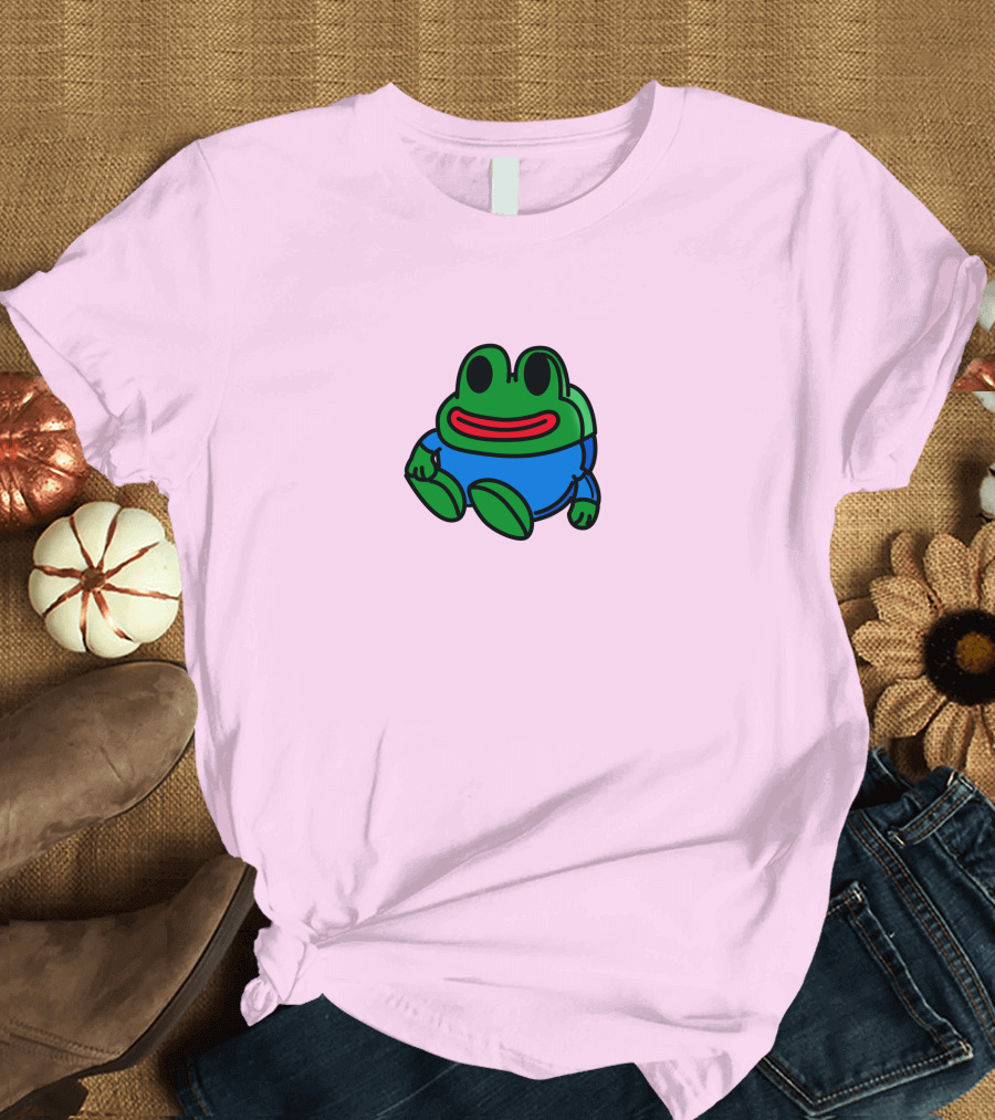 Mizkif Sat REALMizkif Pepe Frog Sitting Cartoon Pink Background T-Shirt