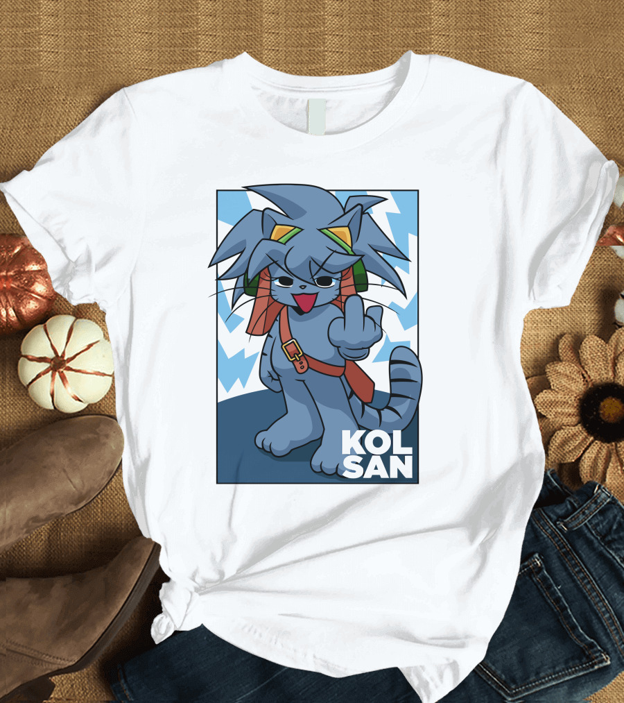 Kolsan Attitude Blue Cat Character with Lightning Bolt Background T-Shirt