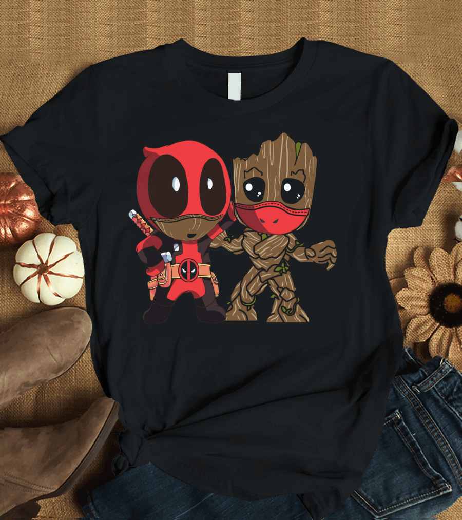 Deadpool and Baby Groot Mashup Comic Characters T-Shirt