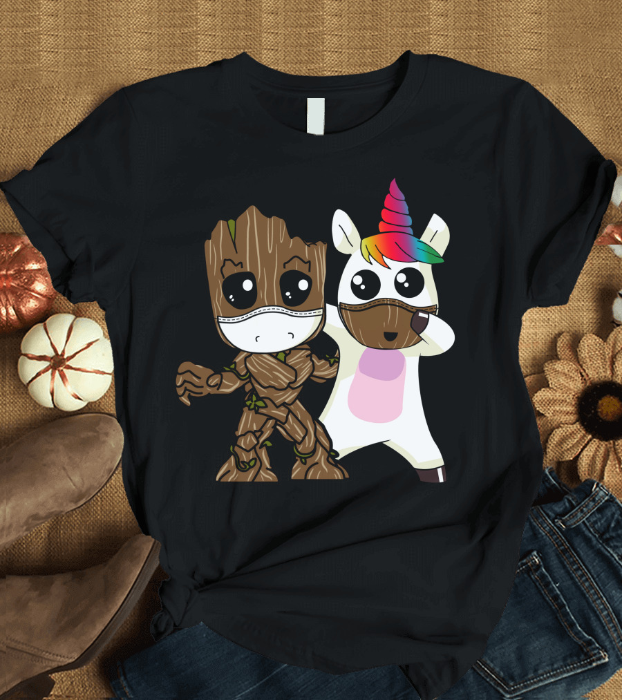 Groot Unicorn Rainbow Mask Duo T-Shirt
