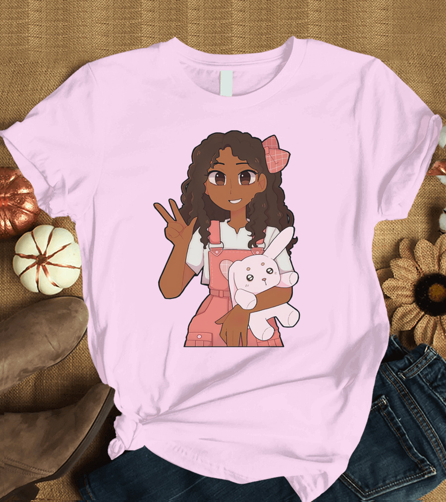 Akeila Merch Anime Style Character with Pink Overalls and Stuffed Bunny T-Shirt