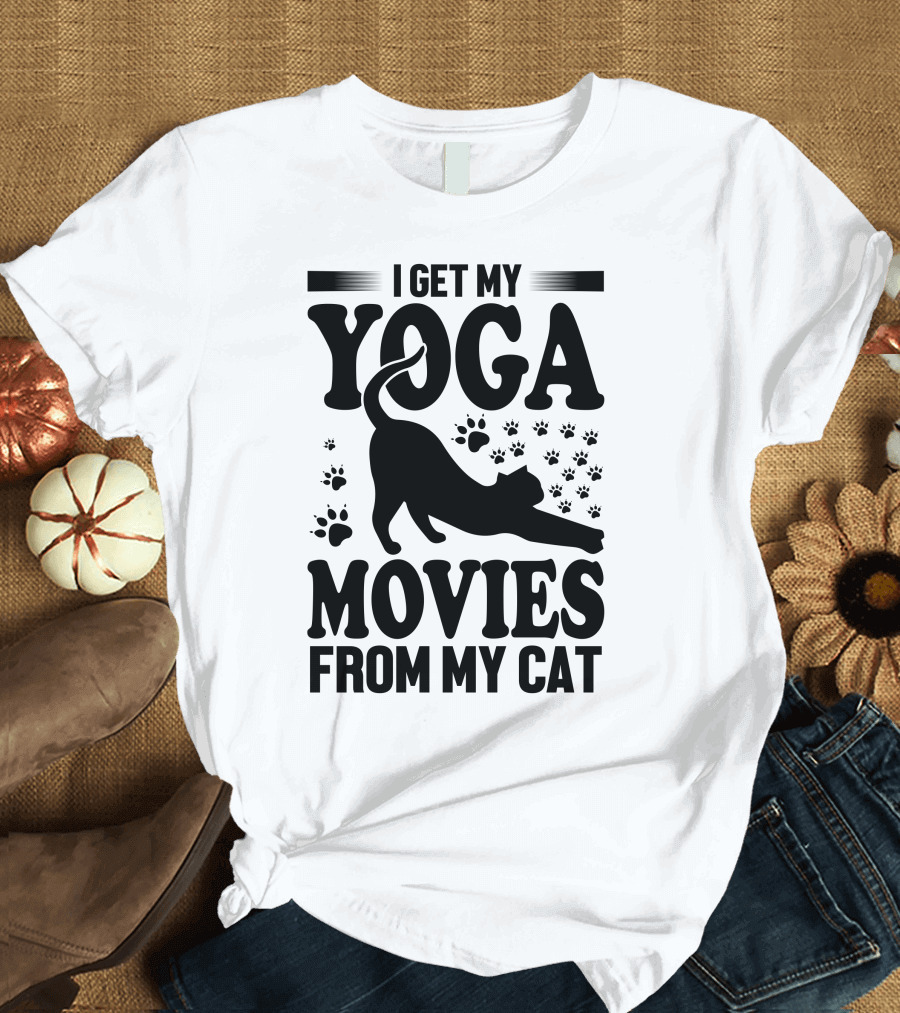 I Get My Yoga Moves and Inspiration from My Cat with Paw Prints and Stretching Cat T-Shirt