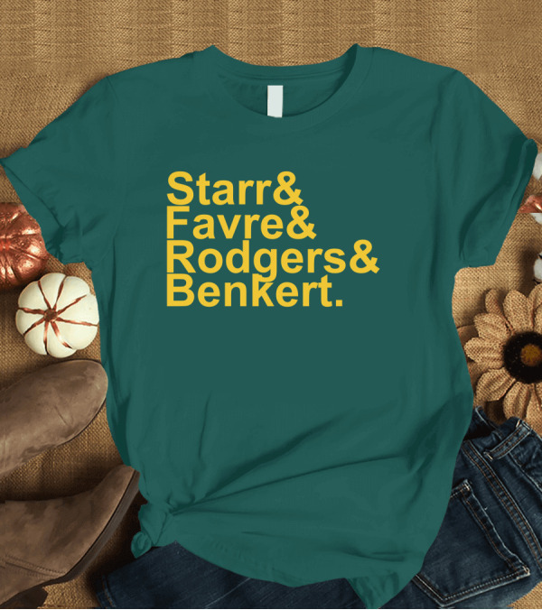 T-Shirt: Legendary Green Bay Quarterbacks Starr Favre Rodgers Benkert Green T-Shirt Legendary Green Bay Quarterbacks Starr Favre Rodgers Benkert Green T-Shirt