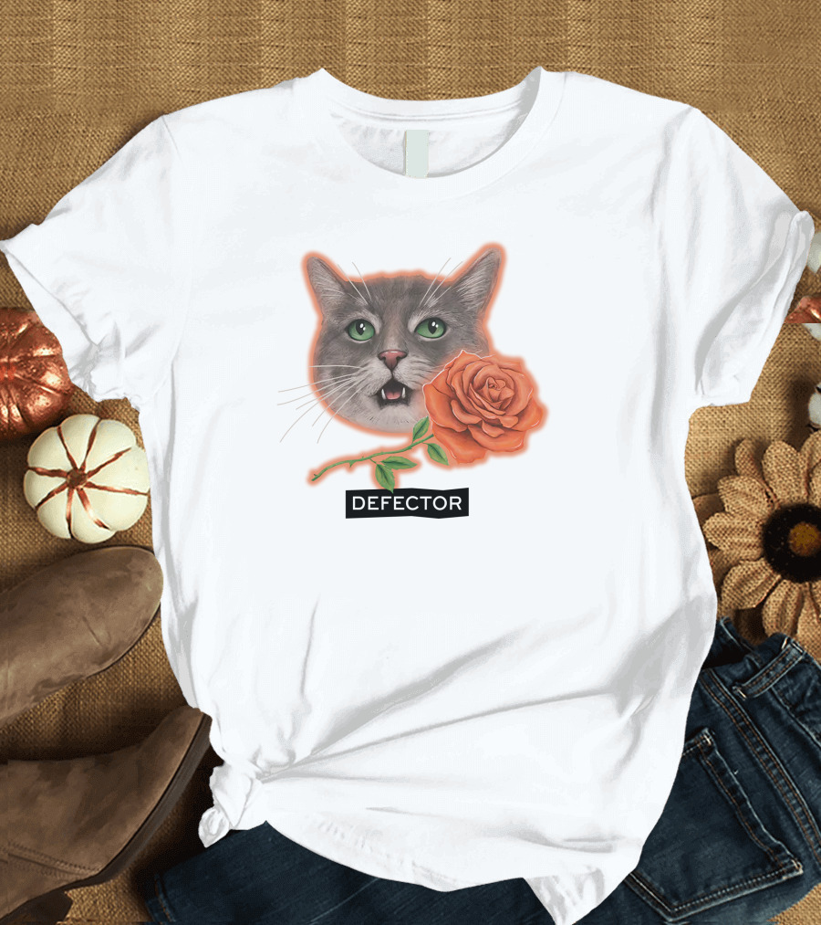 Defector Grey Cat with Orange Rose T-Shirt