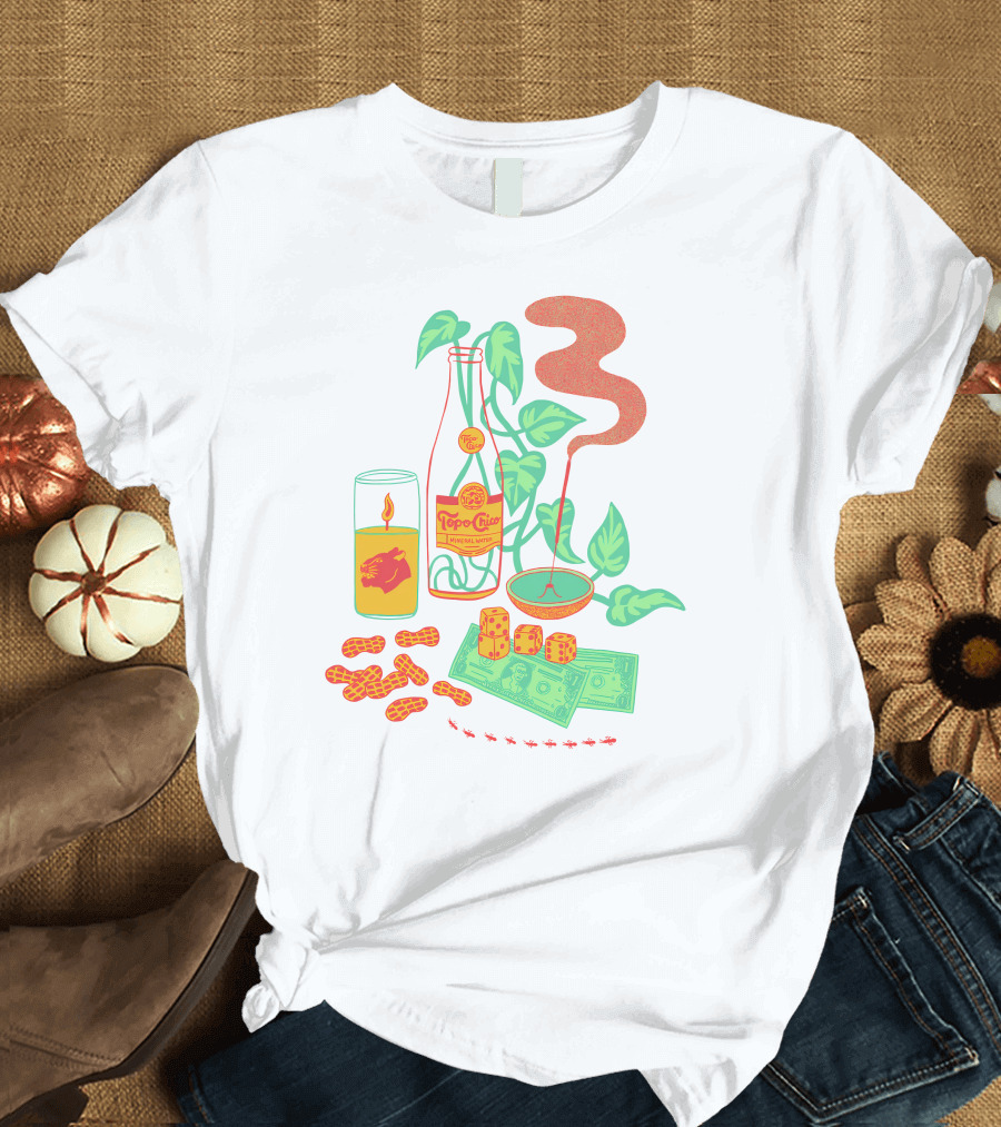 Quarenscene Natural Simone Thornton Topo Chico Peanuts Candle Dice Leaves Money Ants T-Shirt