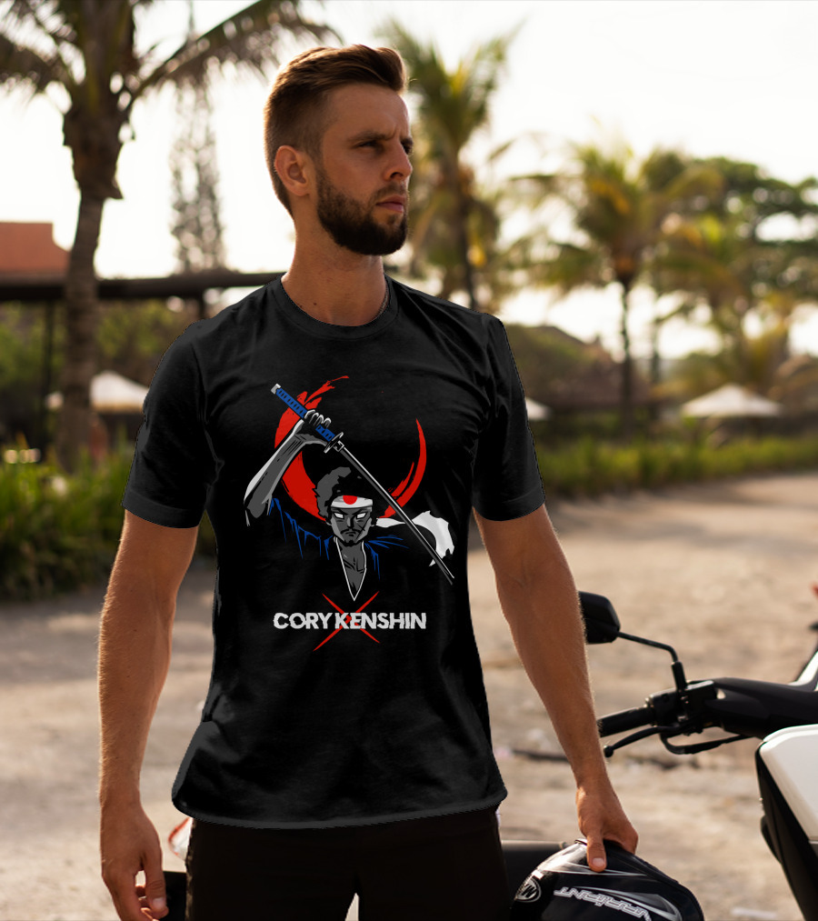 CoryxKenshin Samurai With Sword In Blue Kimono And Red Crescent Background T-Shirt