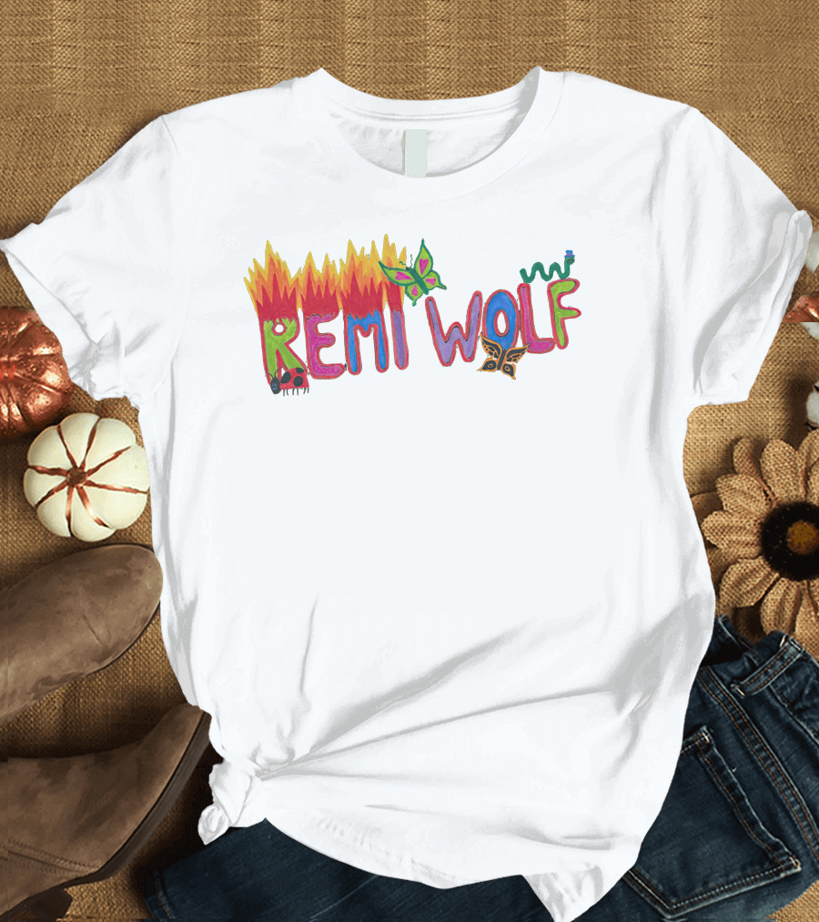 Remi Wolf Colorful Flame and Butterfly Text T-Shirt