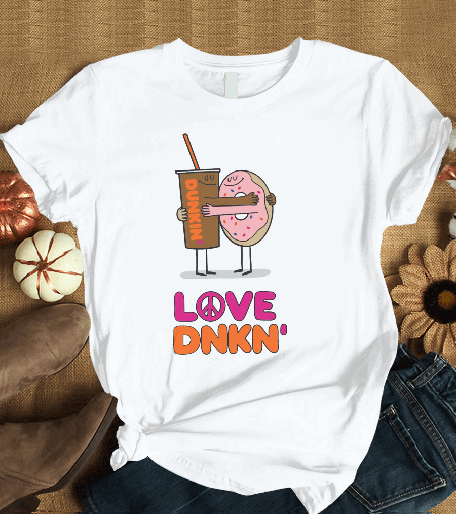 LOVE PEACE DUNKIN' HUGGING CARTOON DONUT AND COFFEE T-Shirt