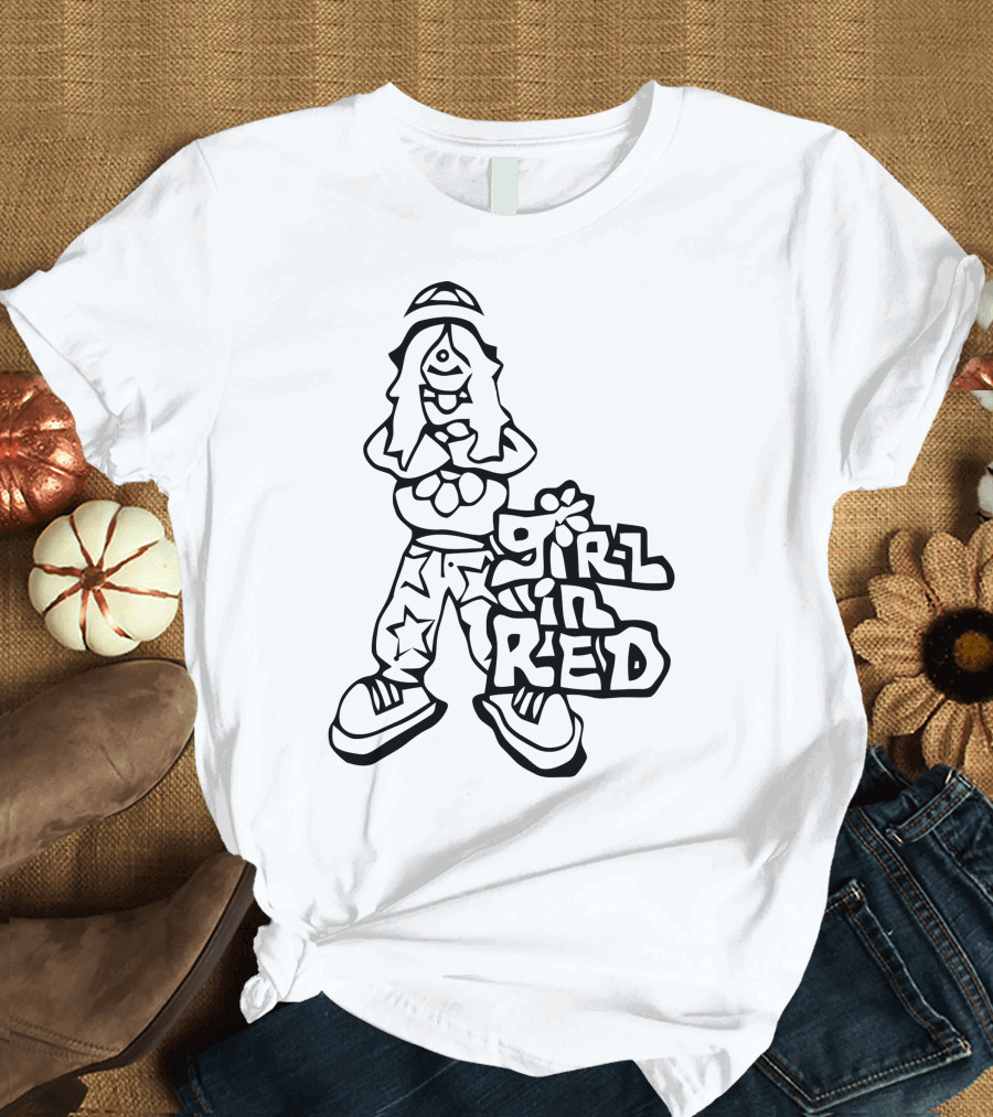 Girl in Red Cartoon Figure with Star Pants T-Shirt