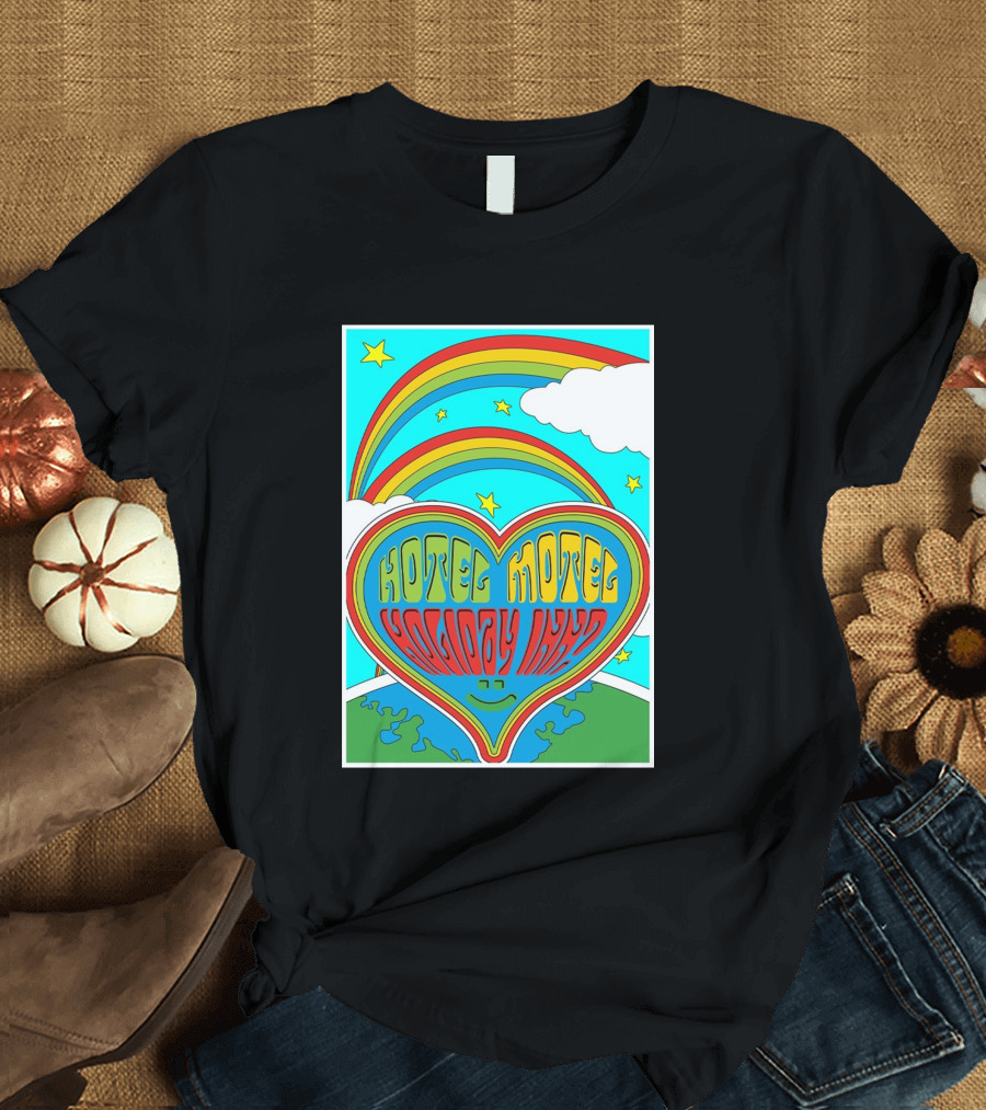 Sarahbaska Hotel Motel Holiday 1973 Rainbow Earth Heart T-Shirt