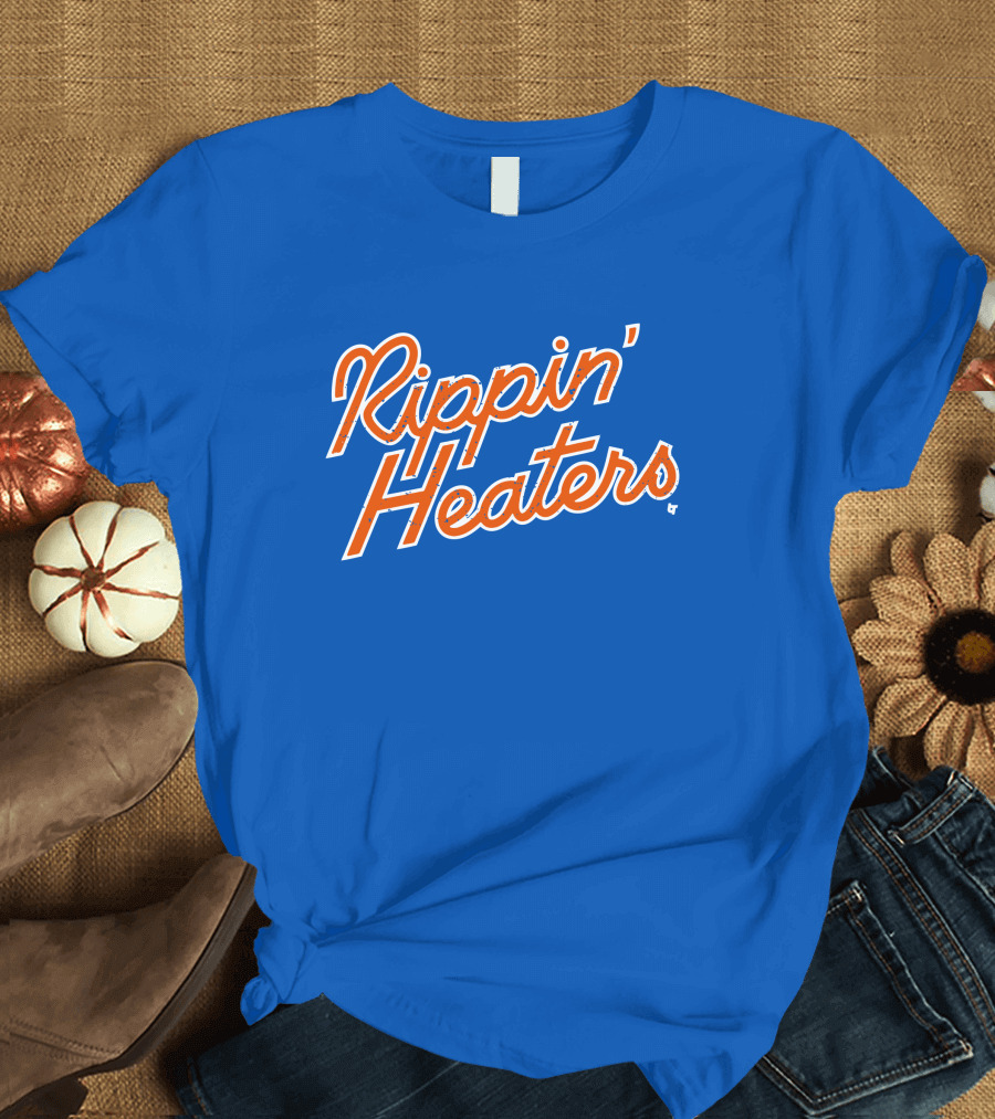 Rippin' Heaters Bold Script White and Orange Retro Style on Blue T-Shirt
