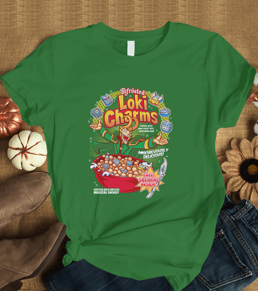 Bifrosted Loki Charms Mischievously Delicious Free Sceptre Inside Fortified with Limitless Magical Energy T-Shirt