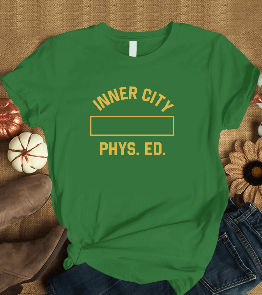 Inner City Phys Ed Green Yellow Block Letters T-Shirt