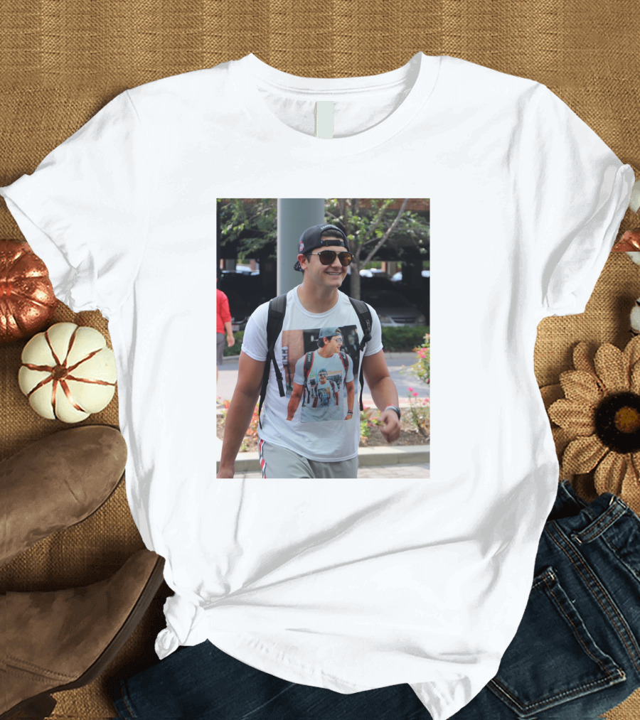 Liam Mccullough Arrives at Ohio State Camp Wearing Photo Print Shirt with Repeating Image T-Shirt