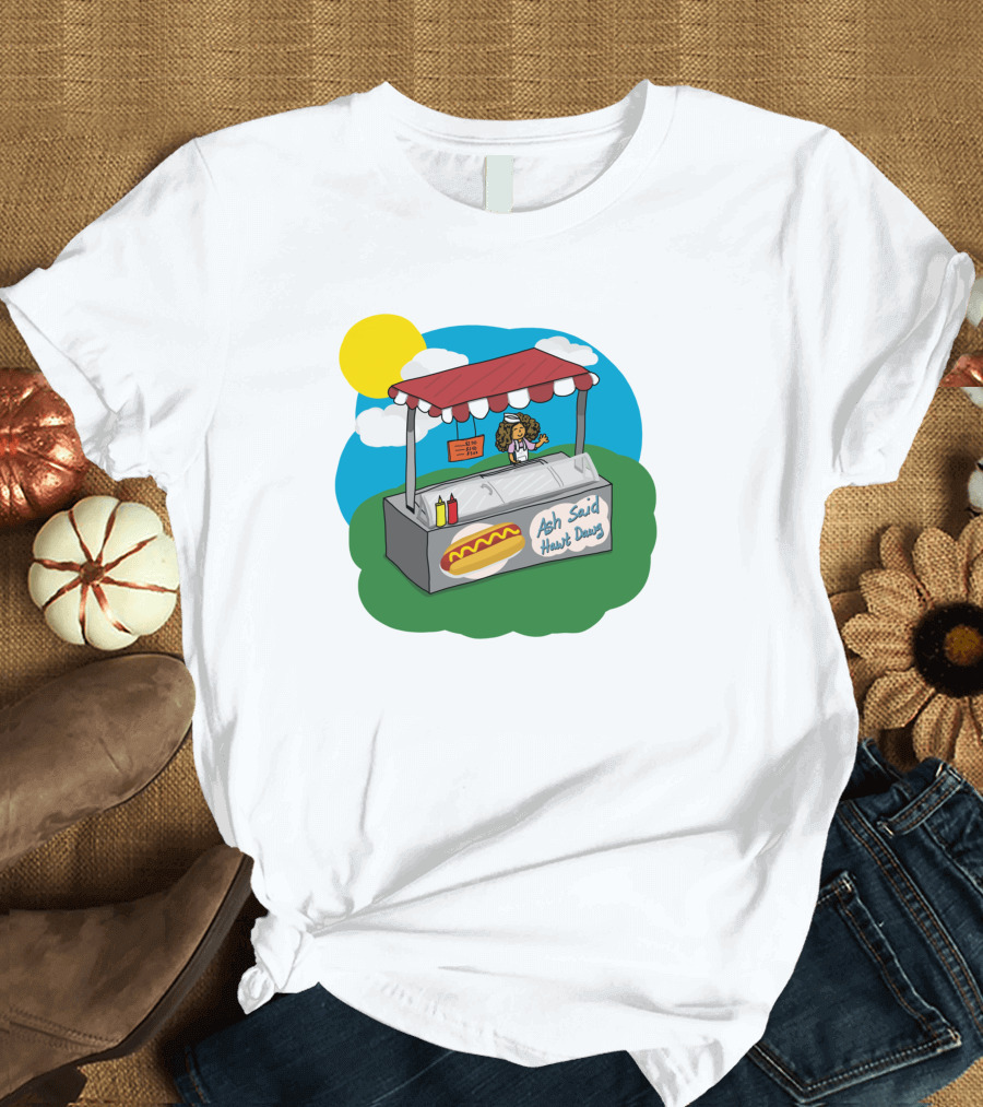 Ash Said Hawt Dawg Stand with Hot Dog and Condiments Under Red Canopy in Cartoon T-Shirt