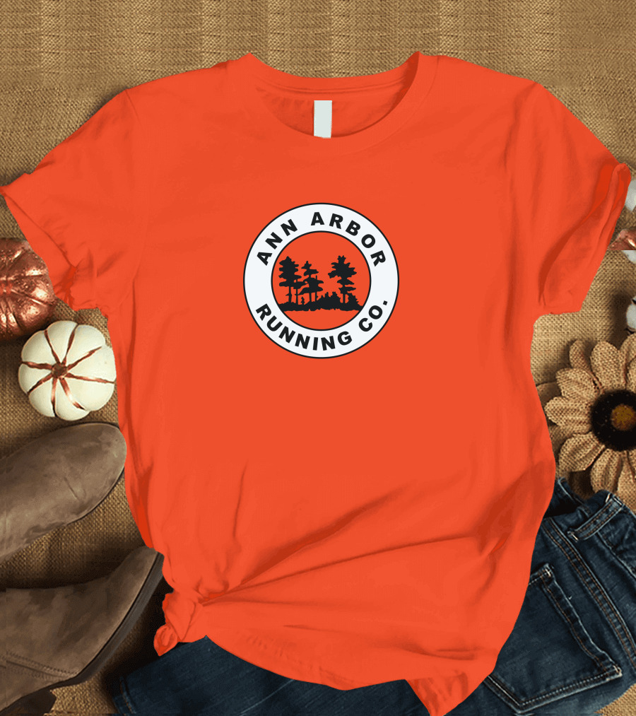 Ann Arbor Running Co Tree Silhouette Logo on Orange T-Shirt
