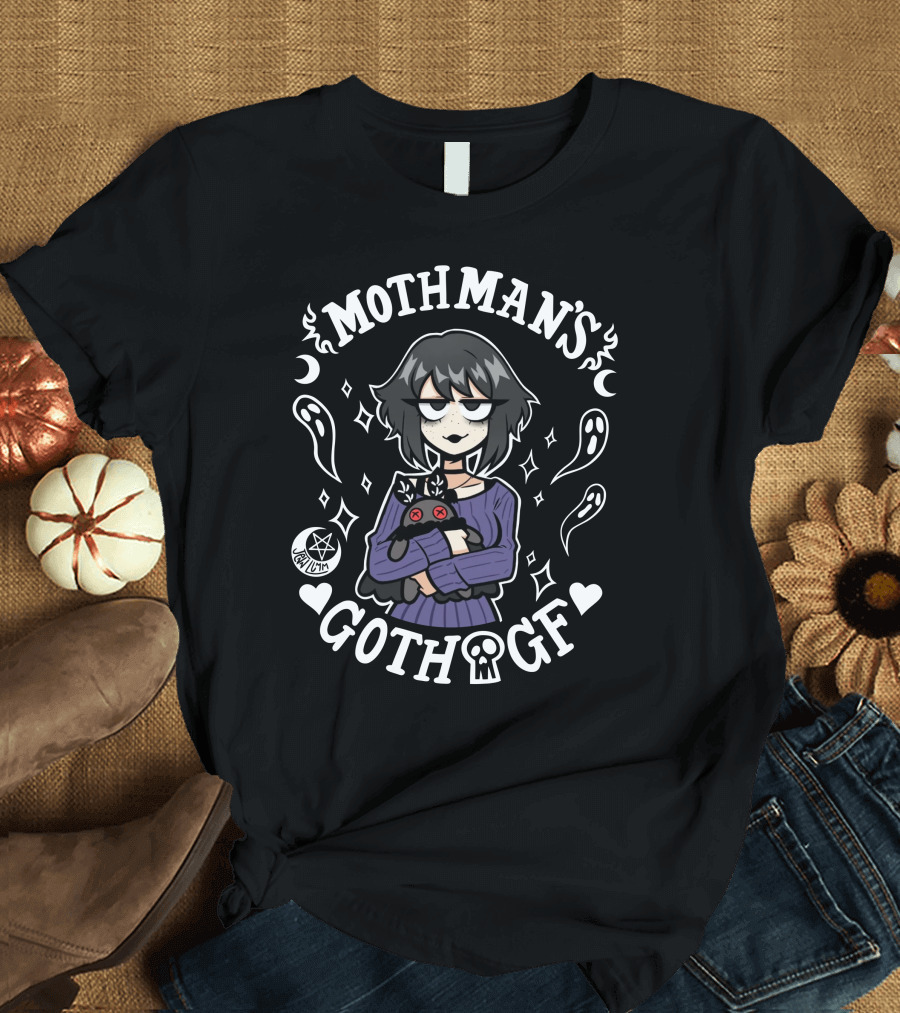 Mothman’s Goth GF Lilith Holding Black Cat Surrounded by Ghosts and Stars T-Shirt