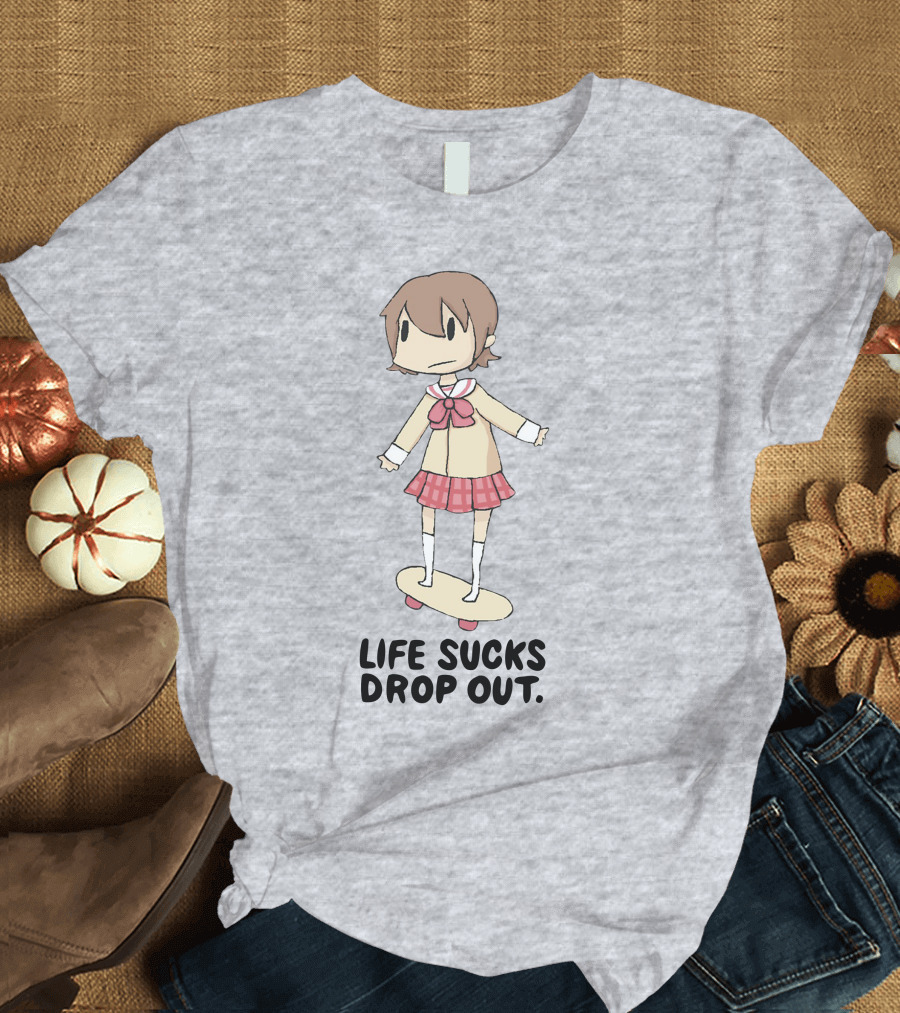 Life Sucks Drop Out Anime Style Character on Skateboard T-Shirt