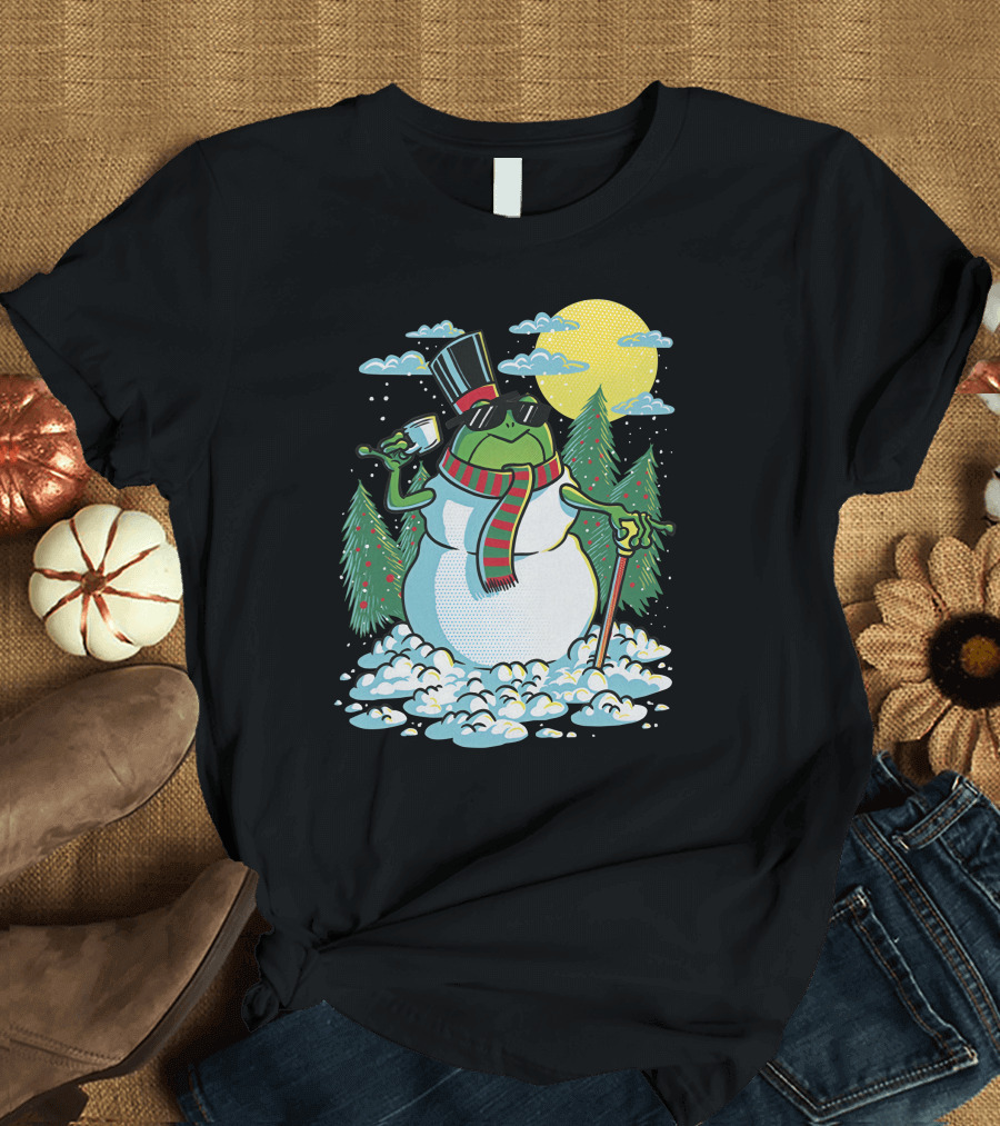 BoomerNA Merch BoomerNA Snowfrog Frog Snowman Christmas Tree Top Hat Cane T-Shirt