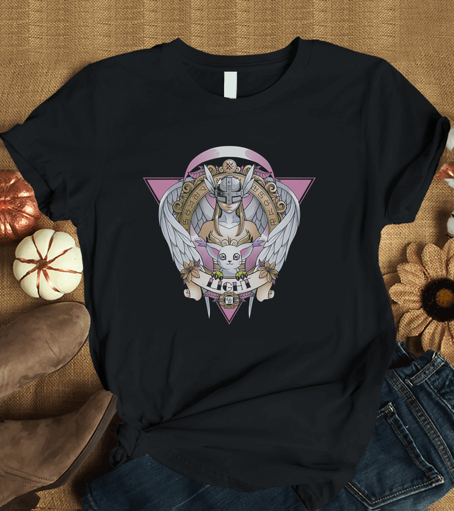 Angewomon Digimon Light Angel Wings Sacred Geometry Design Fight Banner T-Shirt