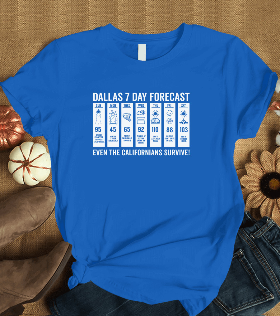 Dallas 7 Day Forecast Weather Parody Even the Californians Survive Bullzerk Merch T-Shirt