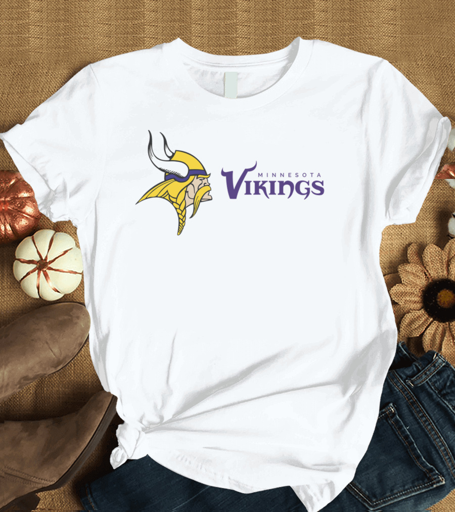 Minnesota Vikings Football Team Logo with Viking Helmet and Braided Beard T-Shirt