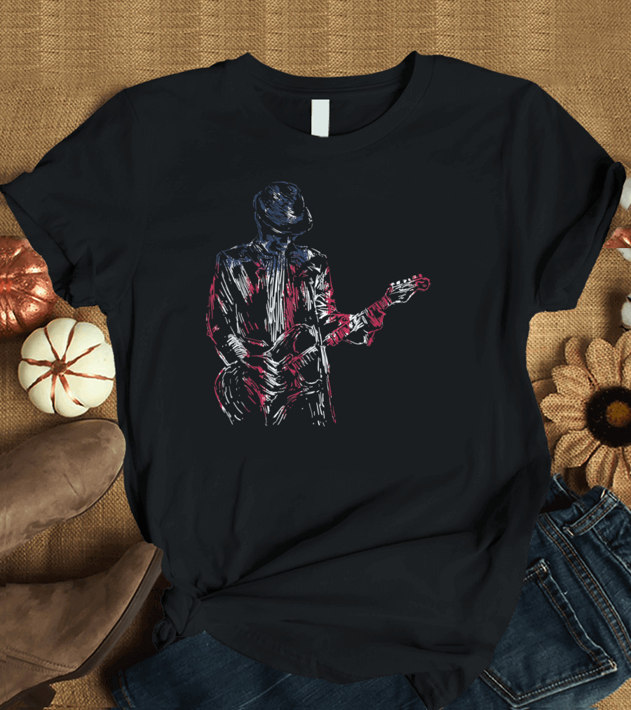 Blues Guitarist In American Flag Colors For Music Lovers T-Shirt