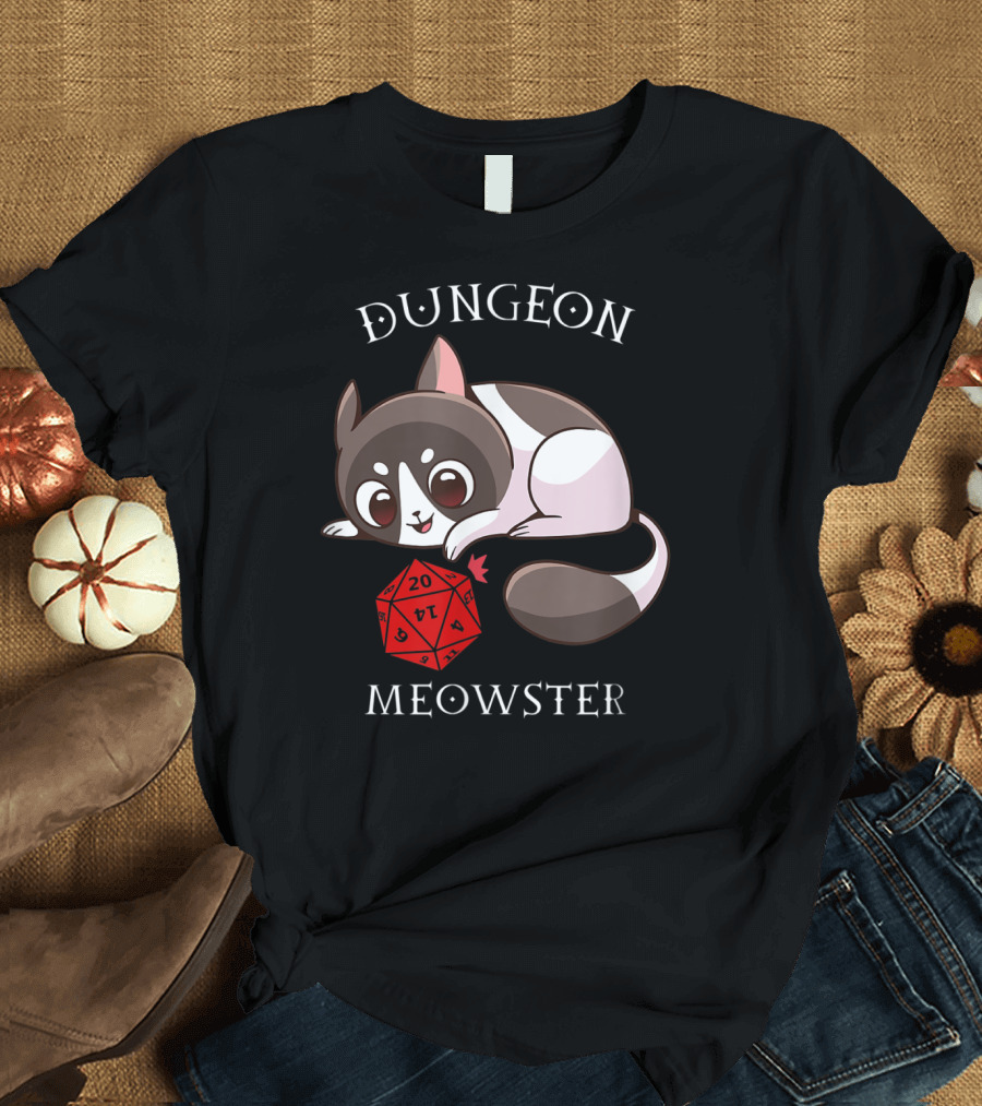 Dungeon Meowster Cat with D20 Nerd RPG Table Top Gamer T-Shirt