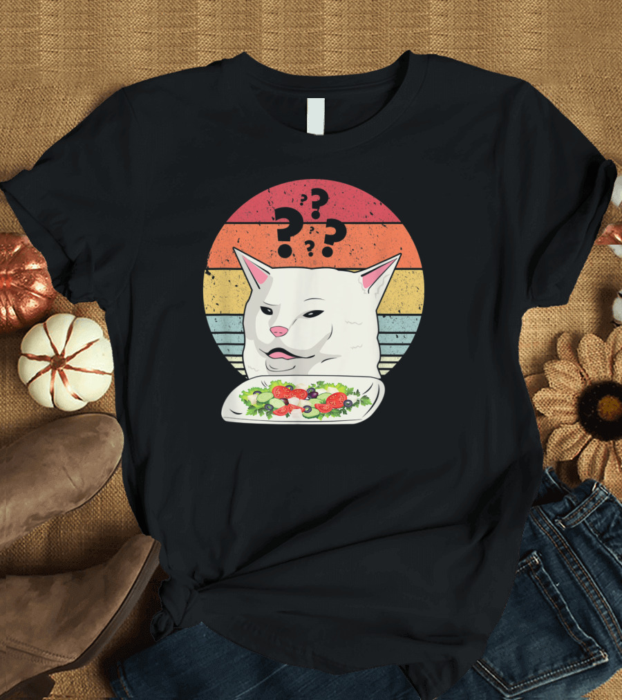 Cat Meme Confused Expression with Salad and Retro Color Stripes T-Shirt