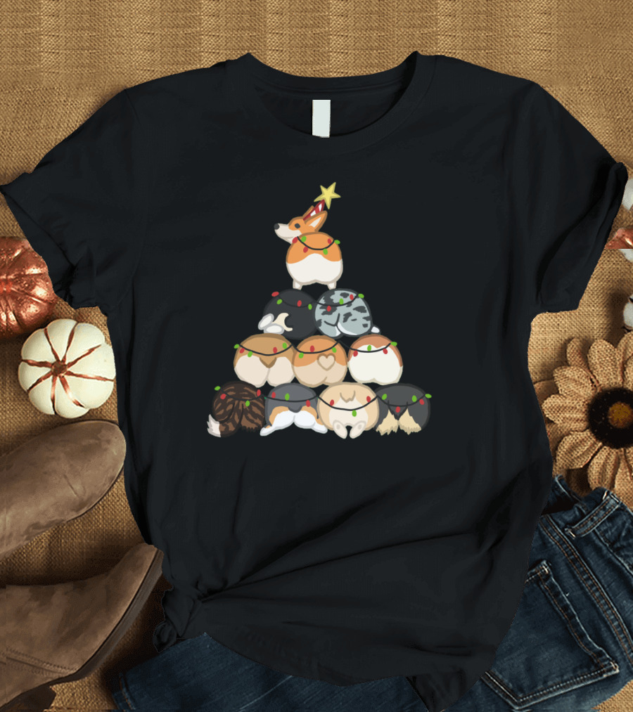 Corgi Butt Christmas Tree with Festive Lights and Star Topper T-Shirt