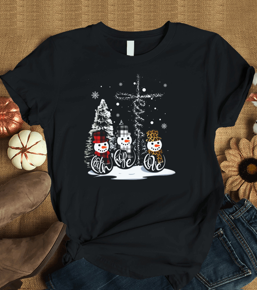 Faith Hope Love Snowmen Jesus Christmas Leopard Plaid T-Shirt