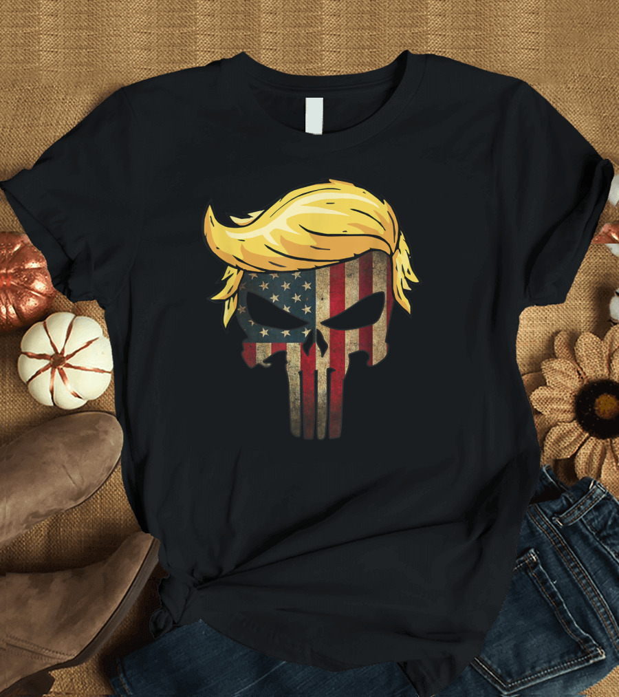 Hair Skull US Flag 4th of July Patriotic T-Shirt