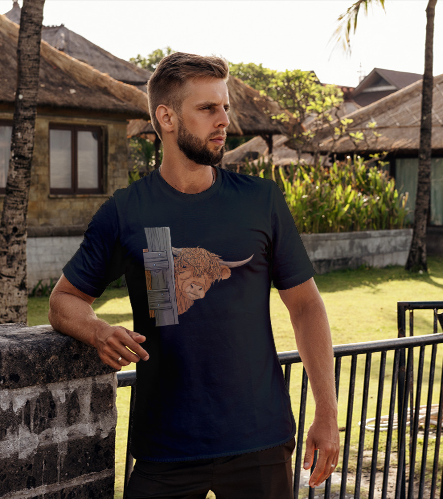 Scottish Highland Cow Spirit Animal Peeking Behind Wooden Fence T-Shirt