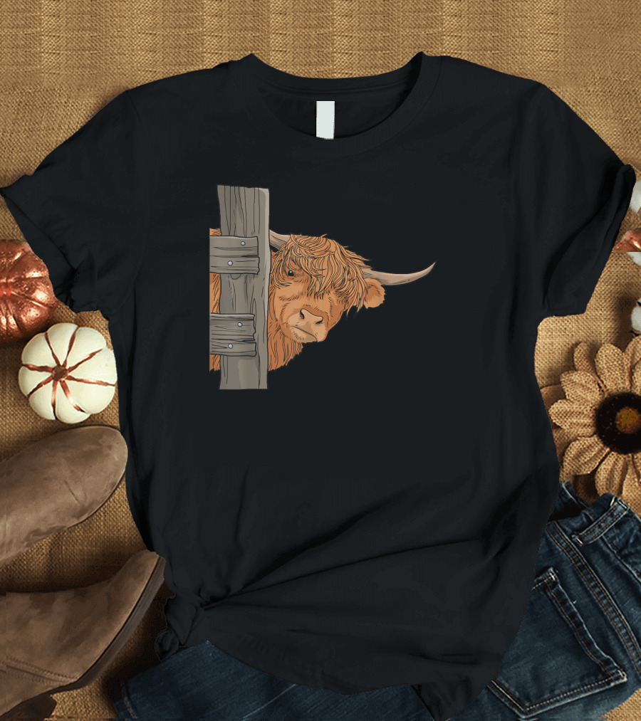 Scottish Highland Cow Spirit Animal Peeking Behind Wooden Fence T-Shirt