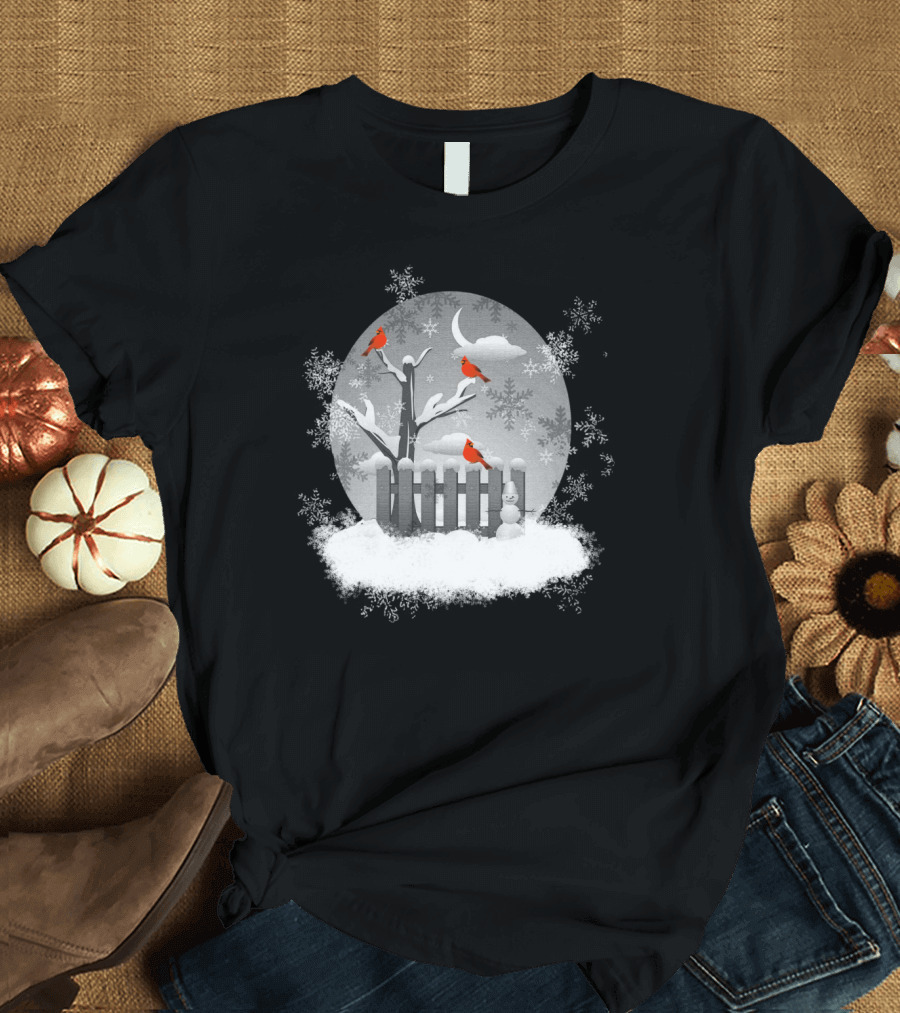 Red Cardinals on Snowy Winter Night with Snowflakes and Moon Scene T-Shirt