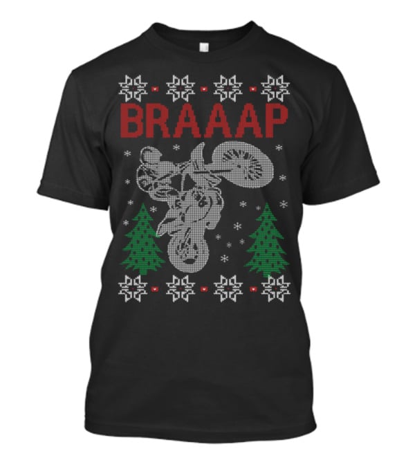 BRAAAP Motorcycle Biker Christmas Ugly Sweater Style Design Snowflakes Trees T-Shirt