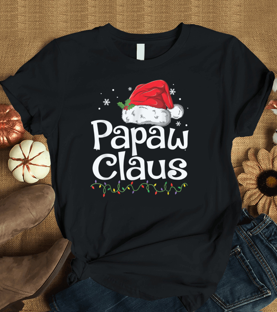 Papaw Claus Christmas Santa Hat with Snowflakes and Holiday Lights T-Shirt