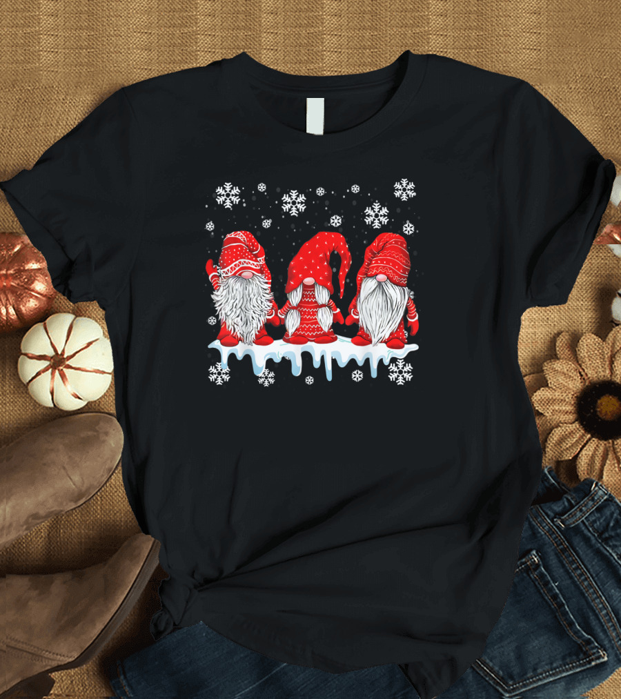 Three Festive Red Gnomes with Snowflakes T-Shirt