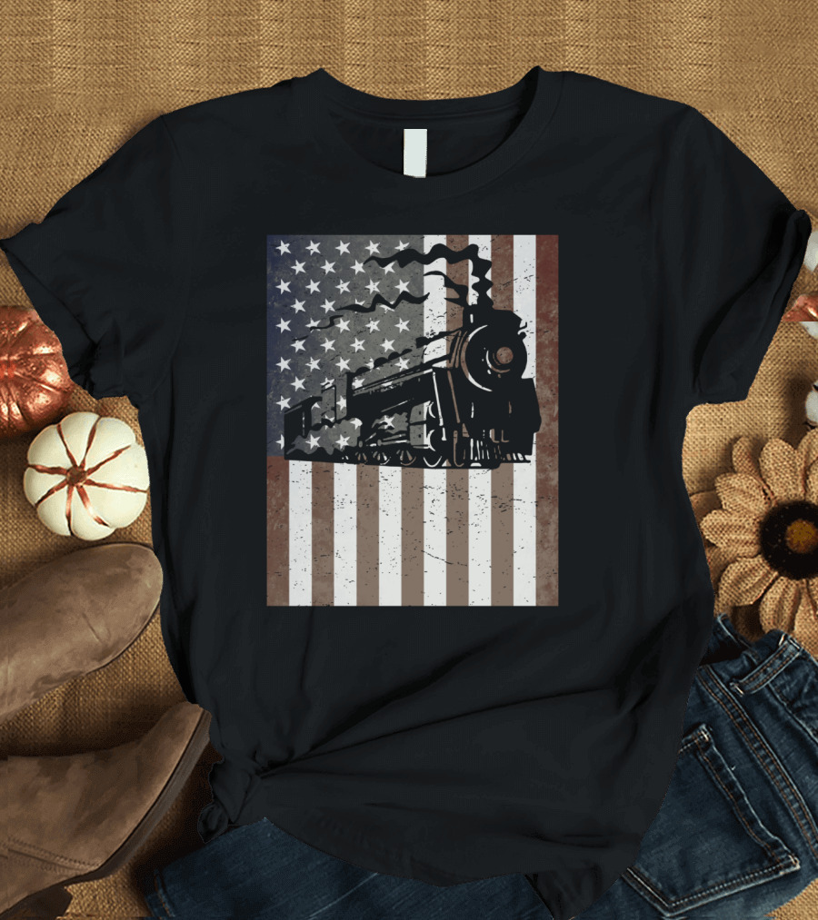 American Flag Steam Train Vintage Model Builder T-Shirt