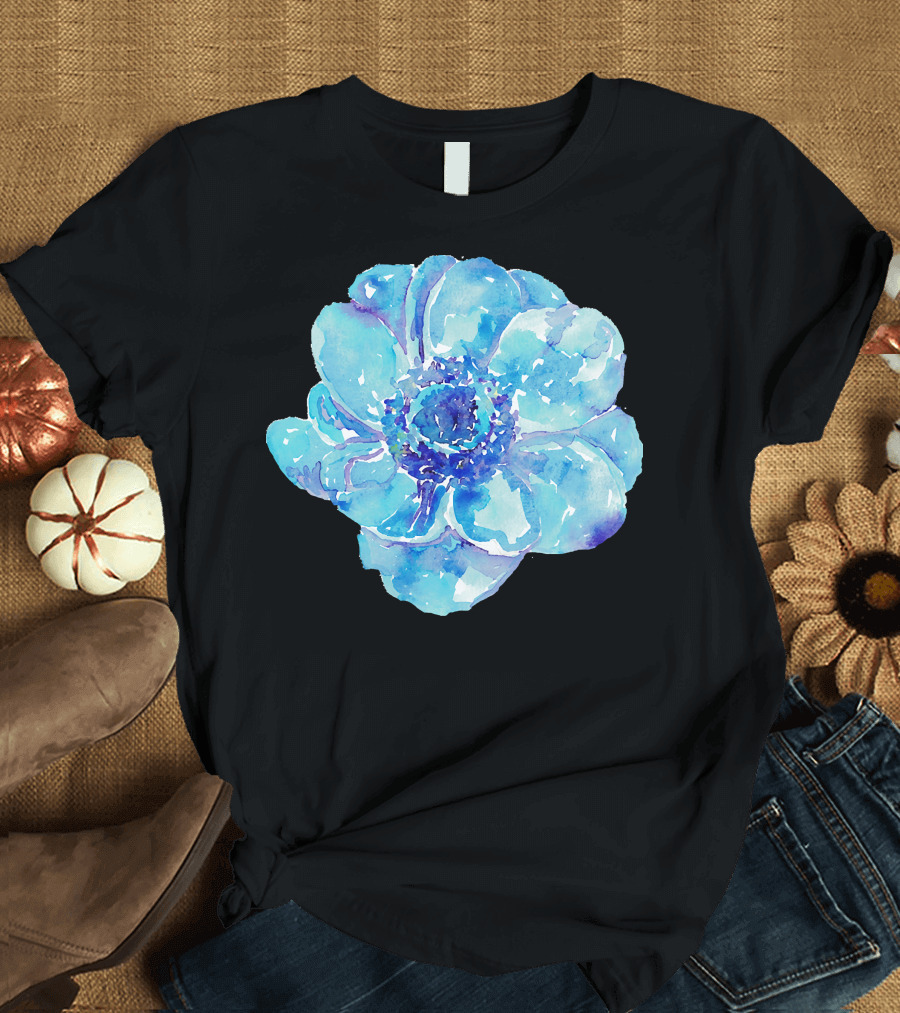 Blue Anemone Flower Painting Red Green Blossom T-Shirt
