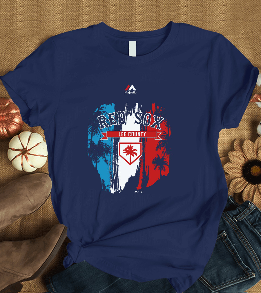 Majestic Red Sox Lee County Mookie Betts Palm Tree Blue Red White T-Shirt