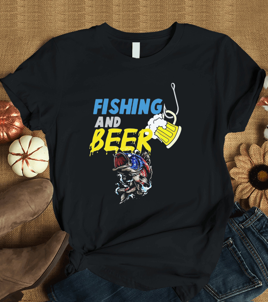 Fishing and Beer American Flag Fish Version with Mug and Hook T-Shirt