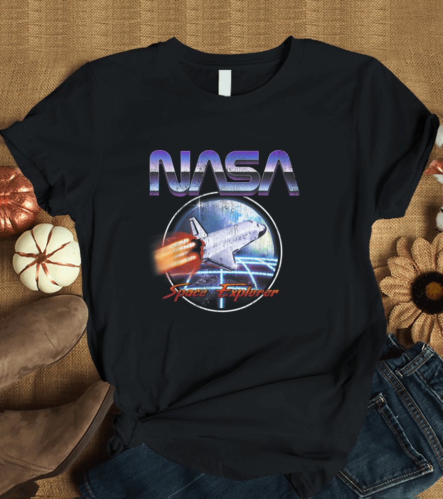 NASA Space Explorer 80's Neon Chrome Shuttle Retro Grid T-Shirt