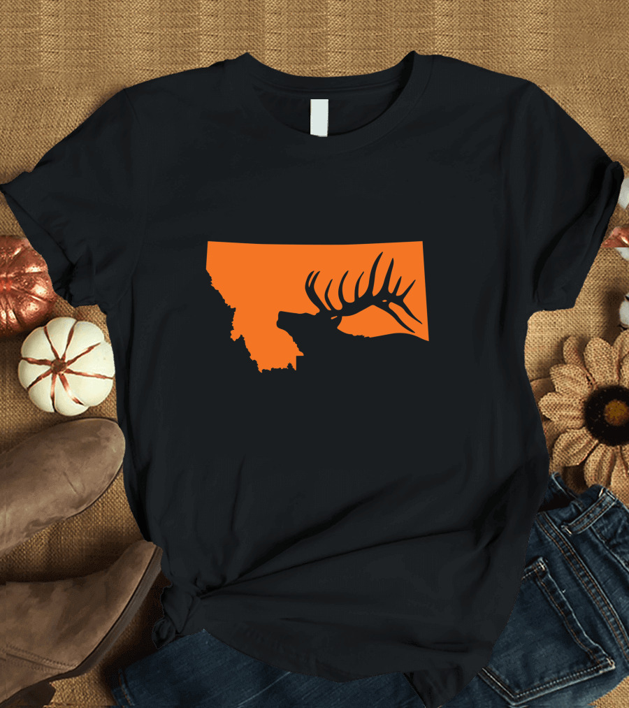 Montana Elk Hunting Silhouette with State Outline T-Shirt