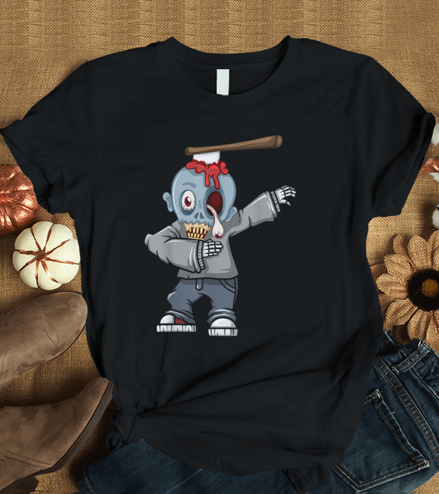 Dabbing Zombie Halloween Axe Head Creepy Cartoon T-Shirt
