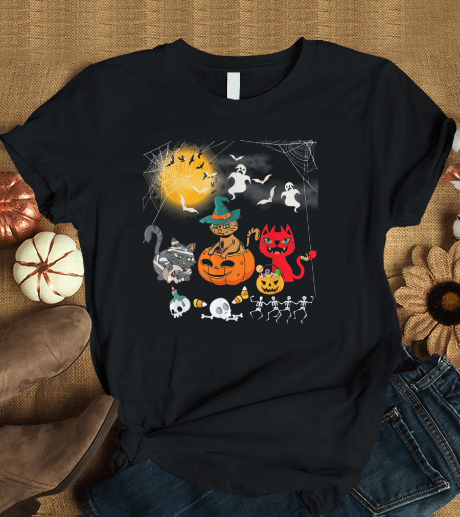 Halloween Funny Cat Lover with Witch Cat and Devil Cat T-Shirt