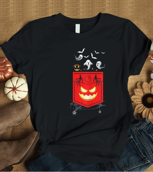 T-Shirt: Halloween Costume Ghosts Peeking Pocket Pumpkin Bats Skeleton Spiders T-Shirt Halloween Costume Ghosts Peeking Pocket Pumpkin Bats Skeleton Spiders T-Shirt