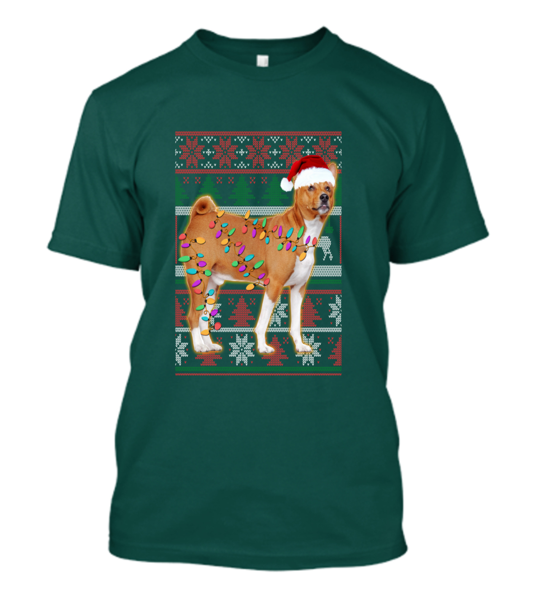 Basenji Christmas Lights Holiday Sweater Dog With Santa Hat T-Shirt