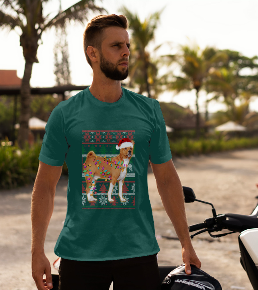 Basenji Christmas Lights Holiday Sweater Dog With Santa Hat T-Shirt